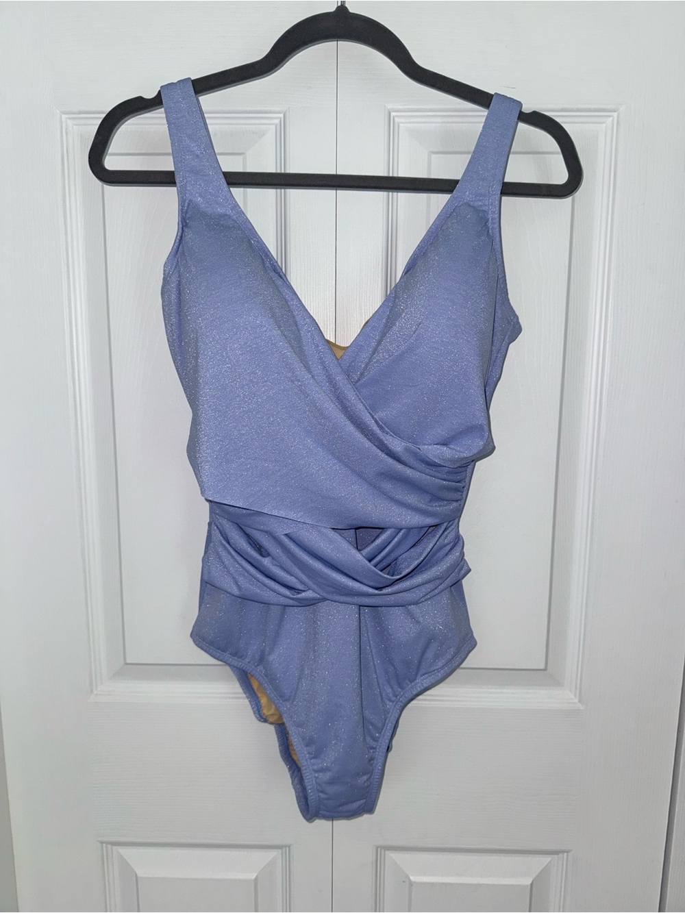 Lands' End SlenderSuit Shine Wrap One Piece Swimsuit Periwinkle Shimmer 12D